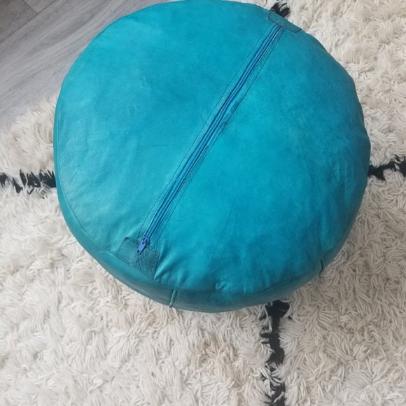Moroccan Turquoise Leather Ottoman / Footstool - Picture 4 of 4
